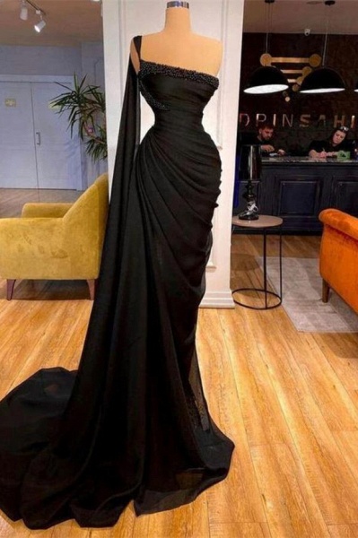 Black Long Mermaid Strapless One Shoulder Evening Prom Dresses with High Split