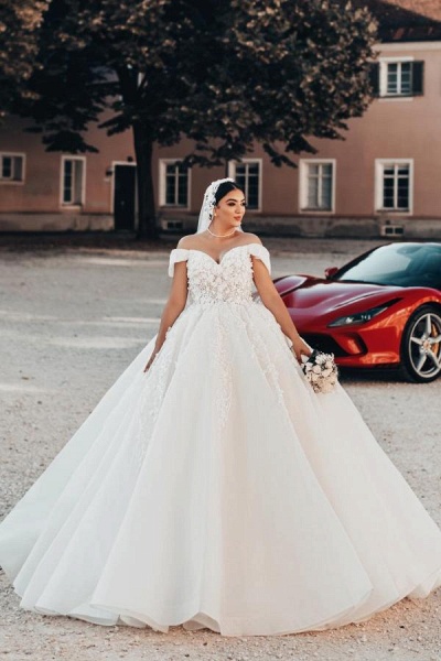 Elegant Ball Gown Off the Shoulder Tulle Lace Long Wedding Dresses