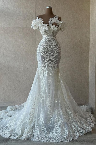 Lange, schulterfreie, weiße Meerjungfrau-Brautkleider aus Spitze, Tüll und Blumen