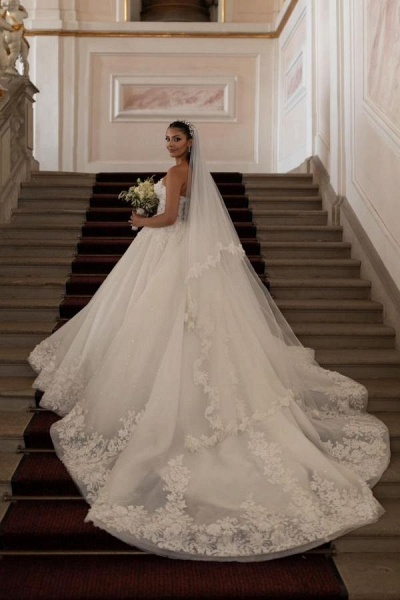 Luxury Long A-line Sleeveless Tulle Lace Wedding Dresses with Long Train