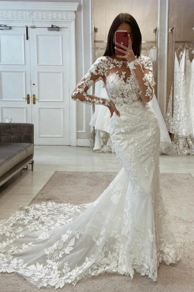 Long Mermaid Sweetheart Court Train Tulle Lace Wedding Dresses with Sleeves
