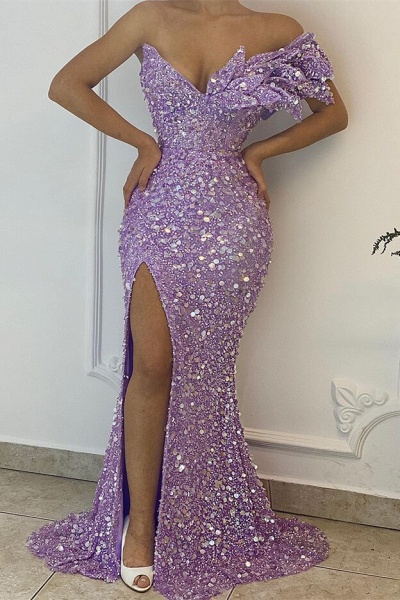 Lilac Long Mermaid Sequin One Shoulder Prom Dresses with Slit
