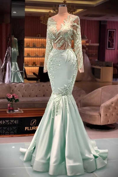 Long Mermaid Sweetheart Satin Lace Prom Dresses with Sleeves_1