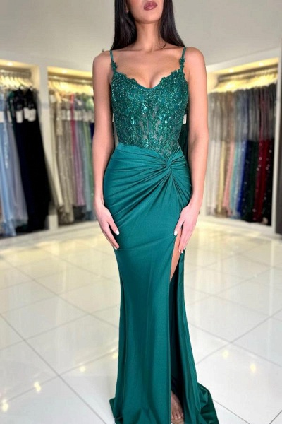 Dark Green Long Mermaid Sweetheart Satin Lace Prom Dresses with Slit