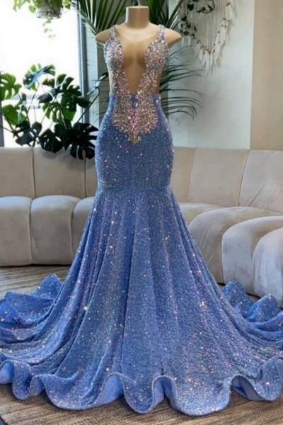 Charming Glitter Long Mermaid V-neck Sleeveless Sequined Prom Dresses
