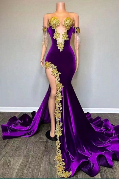 Long Velvet Mermaid Gold Appliques Prom Dresses with High Split
