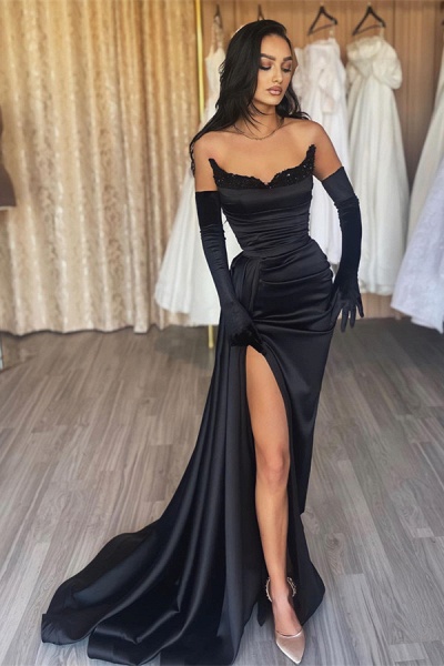 Schwarzes langes Meerjungfrau-Abendkleid aus Satin mit Herzausschnitt und hohem Schlitz