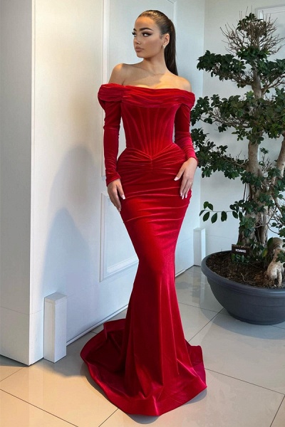 Red Long Off the Shoulder Velvet Mermaid Prom Dresses with Sleeves
