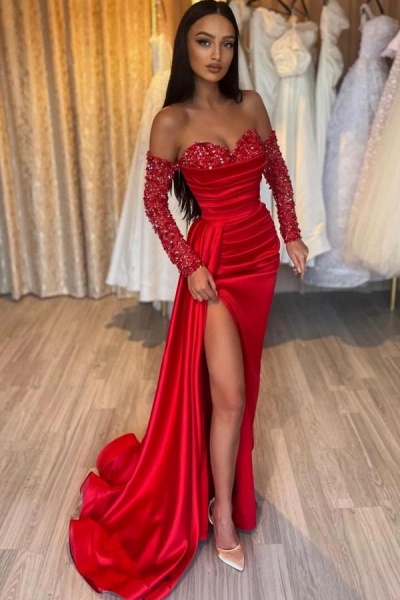 Long Mermaid Off the Shoulder Satin Front Slit Prom Dresses with Sleeves