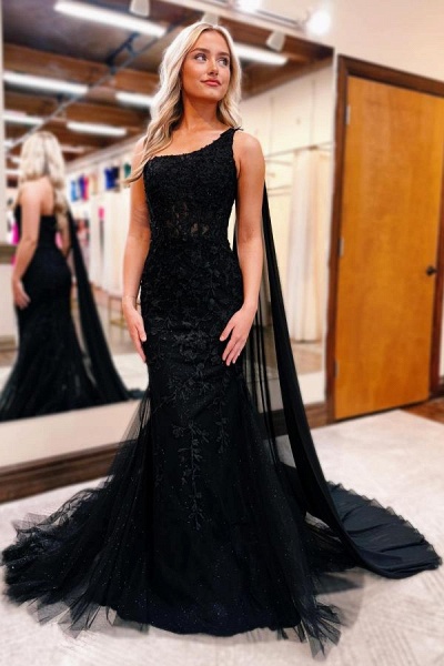 Black Long Mermaid One Shoulder Lace Tulle Prom Dresses