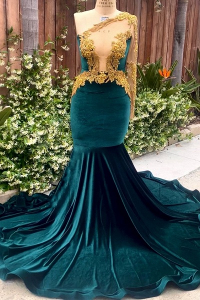 Dunkelgrünes, langes, schulterfreies Abendkleid aus Samt mit goldfarbenen Kristallen im Meerjungfrau-Stil