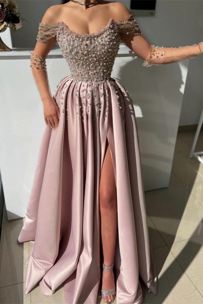 Elegant Long A-line Off the Shoulder Satin Beading Prom dresses with Slit