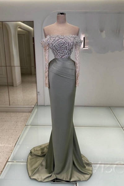 Long Mermaid Off the Shoulder Satin Beadings Prom Dresses with Sleeves_1