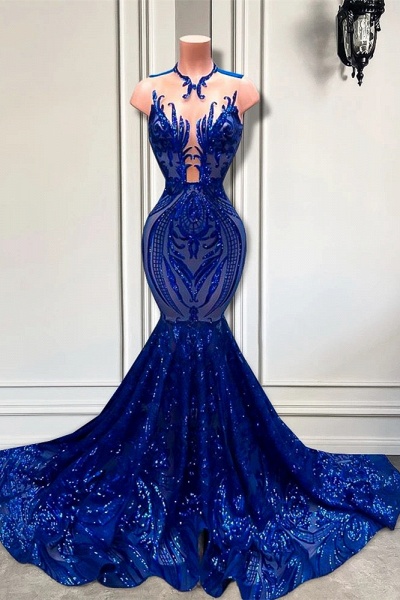 Königsblaues langes Meerjungfrau-Abendkleid mit Herzausschnitt und Pailletten