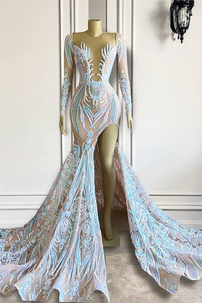 Long Sleeves Mermaid V-neck Sparkle Sequin High Split Prom Dresses