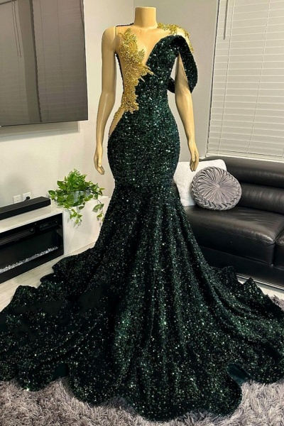 Shiny Long Mermaid Asymmetric Sequins Gold Crystals Prom Dresses