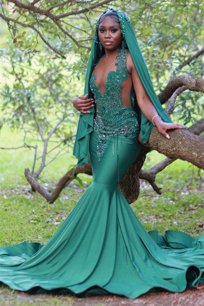 Dark Green Long Mermaid Satin Beaded Halter Prom Dresses
