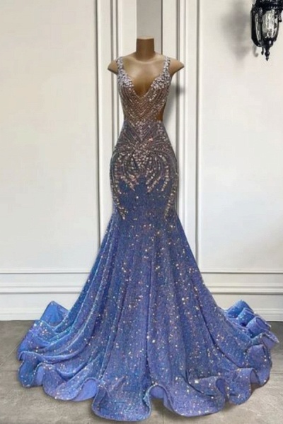 Stunning Long Mermaid V-neck Sequined Glitter Prom Dresses
