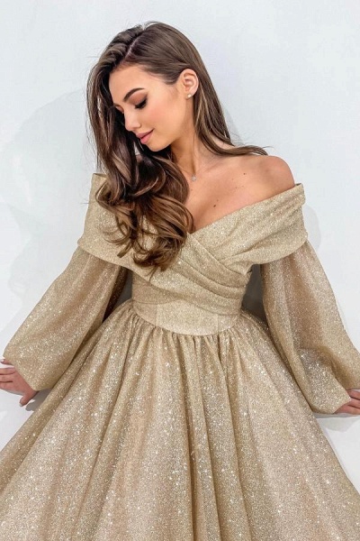 Gold Long Sleeve Off The Shoulder A Line Draped Tulle Prom Dress with Beads_3