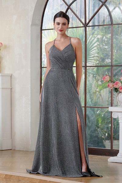 Glitter Long A-line V-neck Halter Front Slit Backless Prom Dresses with Pocket