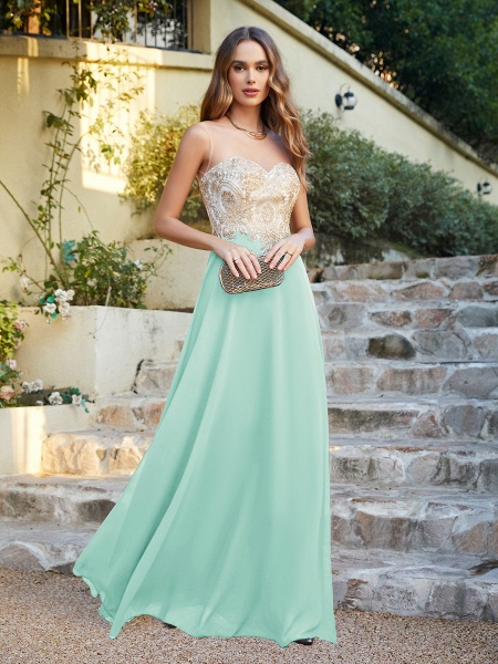 Elegant Long A-line Chiffon Sleeveless Tulle Lace Appliques Prom Dress