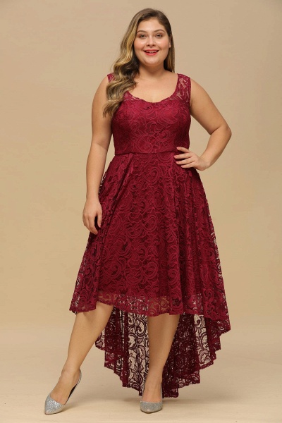Chic Burgundy Off The Shoulder Floral Lace Hi-Lo Formal Dress Scoop Neck Party Wear Dress_2