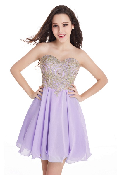 Chic Strapless Sweetheart Ruffle Chiffon Short Homecoming Dress Gold Appliques Mini Party Dress_7