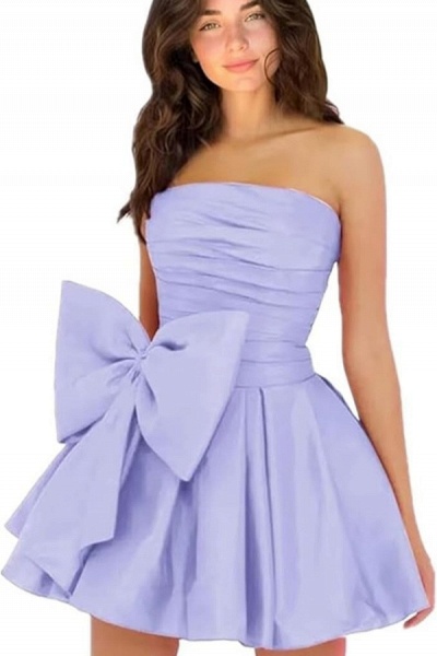 Simple Short A-line Strapless Sleeveless Ruffle Satin Homecoming Dress_12