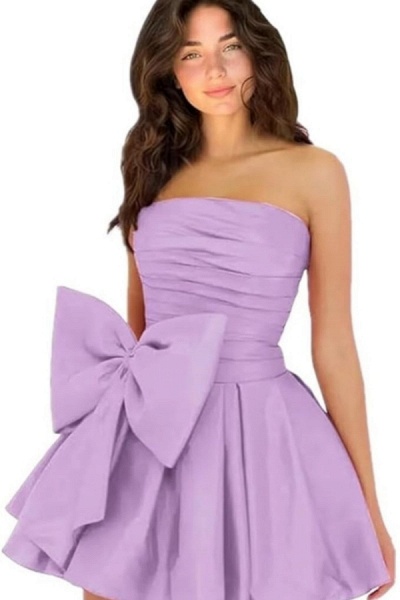 Simple Short A-line Strapless Sleeveless Ruffle Satin Homecoming Dress_11