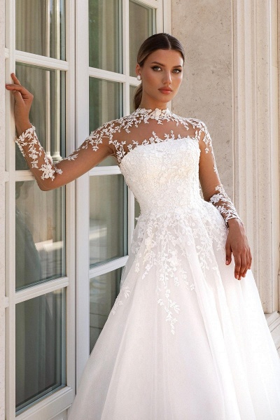 Long Sleeve A-line Tulle Long Lace White Button Wedding Dress
