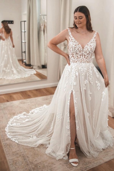 Slit Beautiful V-neck Tulle A-line Open Back Lace Long Wedding Dress