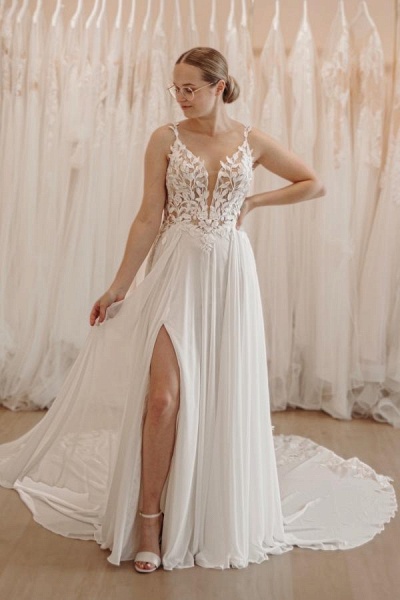 Backless Spaghetti Straps A-line Chiffon Long Wedding Dress
