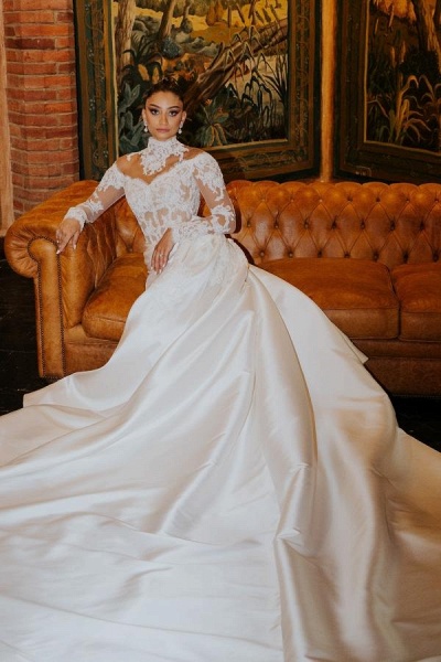 High Neck Long Sleeve Lace Satin Wedding Dresse with Court Train