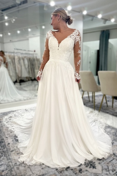 Long A-line V-neck Tulle Appliques Lace Backless Wedding Dresses with Sleeves