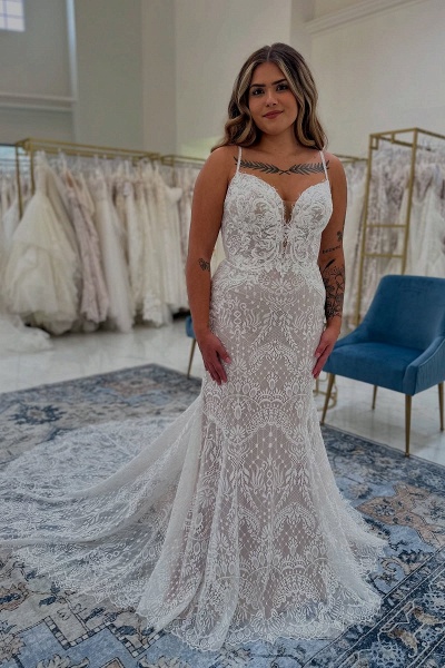 Long Mermaid Spaghetti Straps Tulle Appliques Lace Backless Wedding Dresses