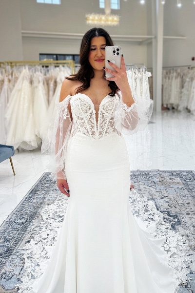 Beautiful Long Mermaid Sweetheart Appliques Lace Wedding Dresses with Sleeves