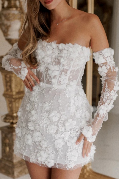 Elegant Lace Up Back Short Long Sleeve Flower White Wedding Dress