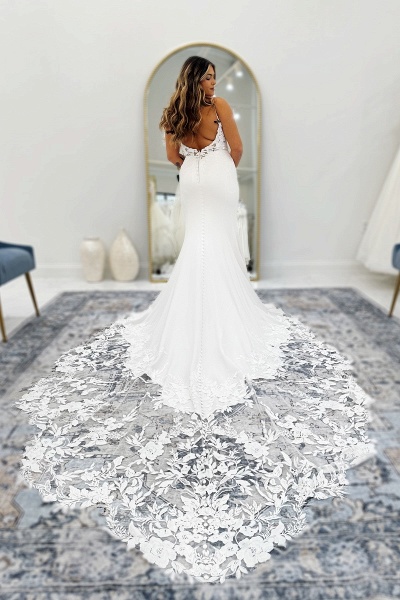 Long Mermaid Spaghetti Straps Appliques Lace Backless Wedding Dresses Chapel Train_3