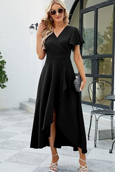 Short Sleeve Black Chiffon Split V-neck Prom Dress