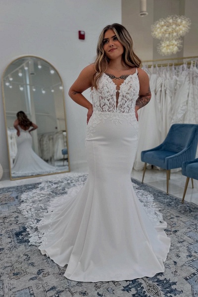 Long Mermaid Spaghetti Straps Appliques Lace Backless Wedding Dresses Chapel Train