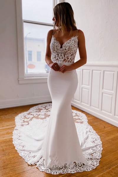 Long Mermaid Sweetheart Spaghetti Straps Appliques Lace Backless Wedding Dresses with Train