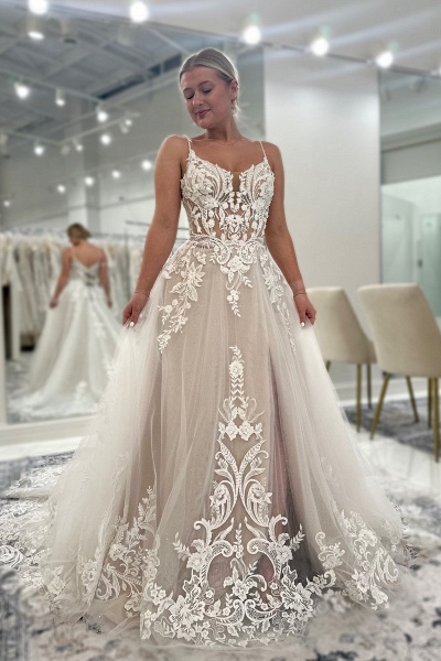 Long A-line Sweetheart Spaghetti Straps Appliques Lace Wedding Dresses