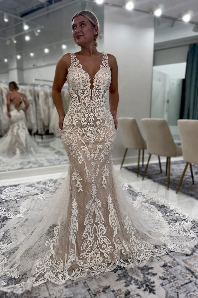 Long Mermaid Sweetheart Tulle Appliques Lace Open Back Wedding Dresses with Train