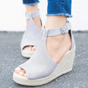 Women's Buckle Peep Toe Linen Wedge Heel Sandals_1