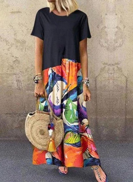 Plus Size Tunic Color Block Round Neckline Casual Maxi Plus Dress_1