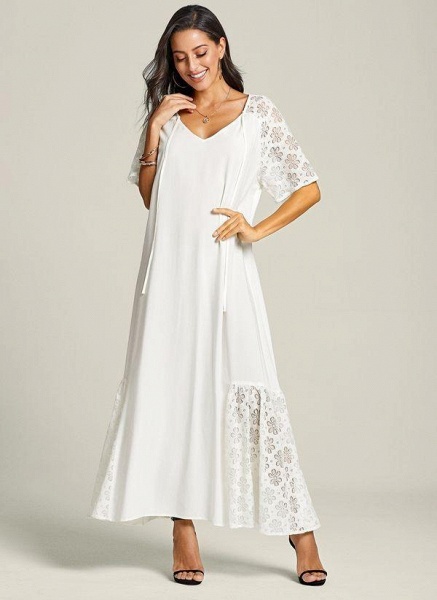 White Plus Size Peasant Solid V-Neckline Casual Lace Plus Dress_1