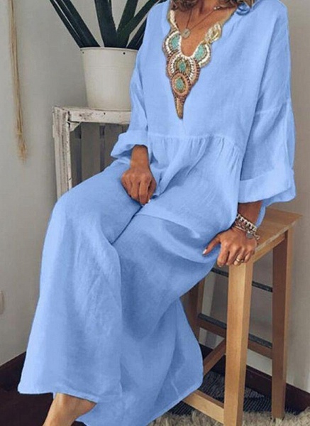 Sky Blue Arabian Floral Tunic V-Neckline Shift Dress_1