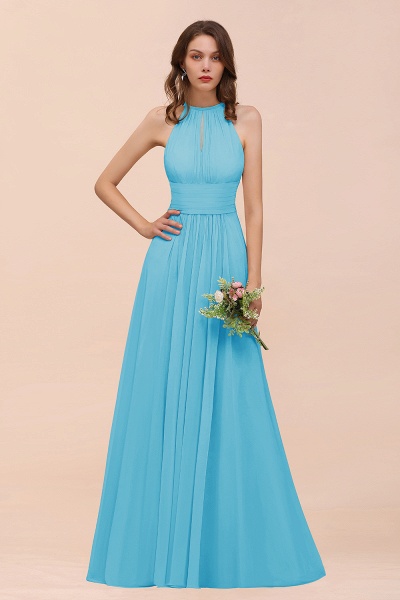 Elegant Long A-Line Jewel Ruffle Chiffon Champagne Bridesmaid Dress_24