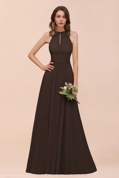 Elegant Long A-Line Jewel Ruffle Chiffon Champagne Bridesmaid Dress_11