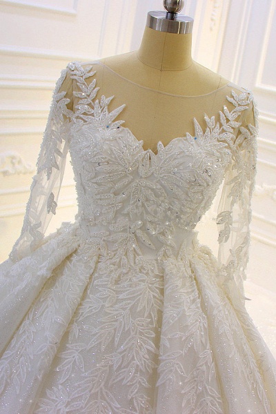 Luxury Long Ball Gown Lace Appliques Beading Church Train Wedding Dress with Sleeves_4